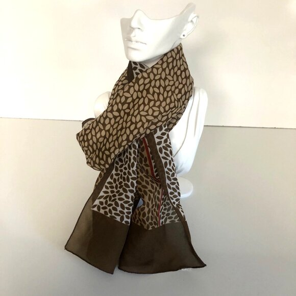 Vintage Brown Cream Rectangle Scarf Abstract Leaf Print 11.25 x 52in - Picture 3 of 5